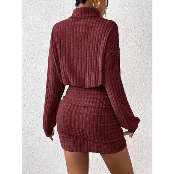 Women Pullover Red Sweater Dress Lantern Sleeve Turtleneck Ribbed Mini - Picture 3 of 5